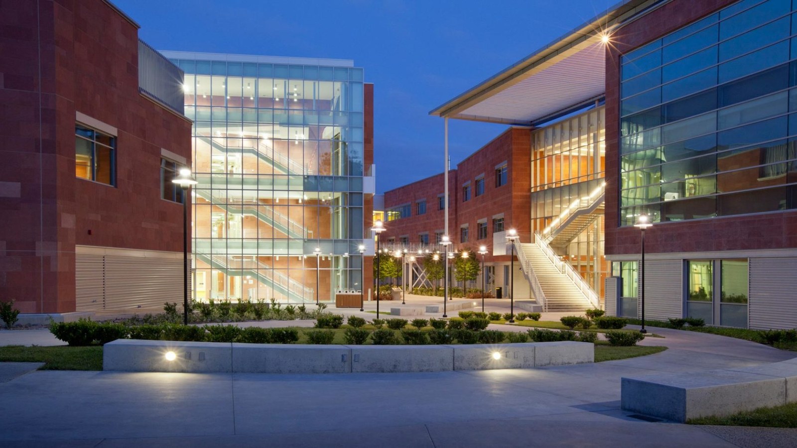Cal State LA engineering complex at dusk