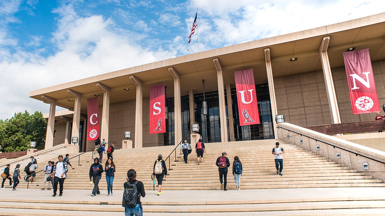 CSUN Oviatt Library steps with banners
